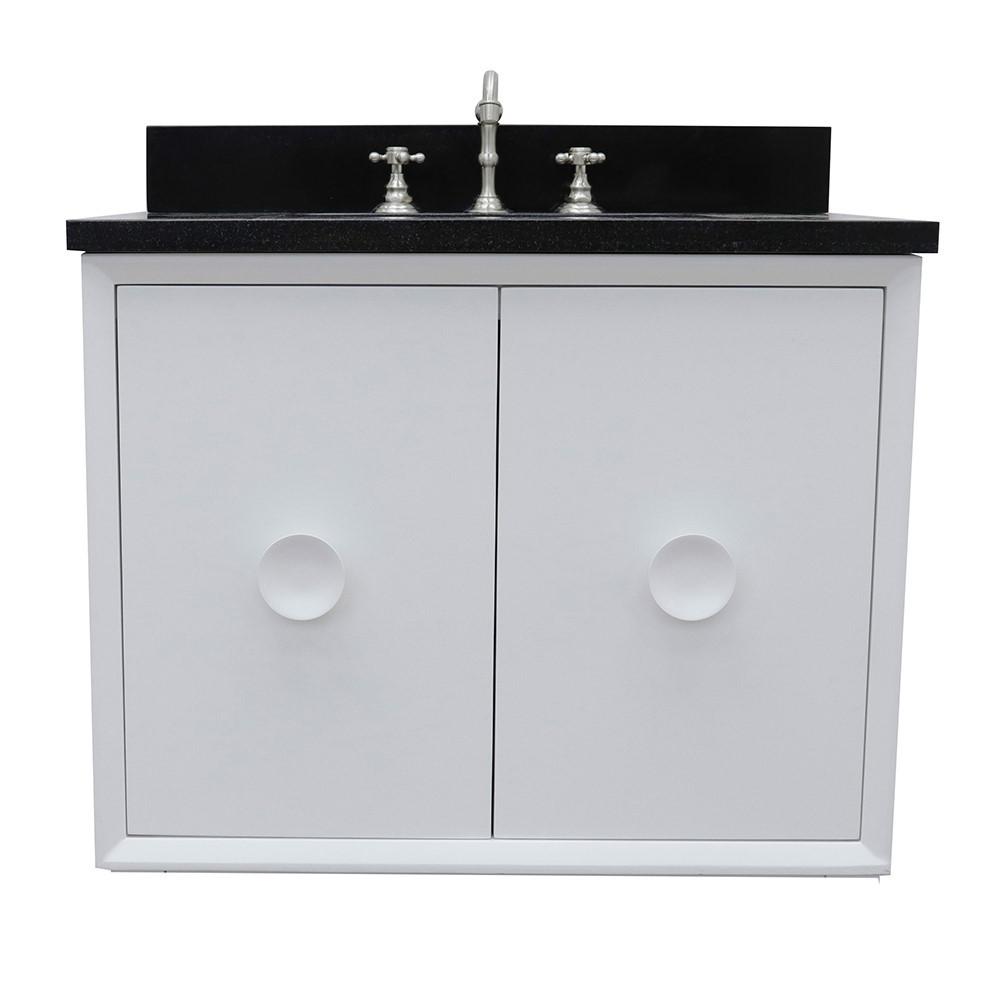 Single wall mount vanity in White with Black Galaxy top and rectangle sink. Picture 4