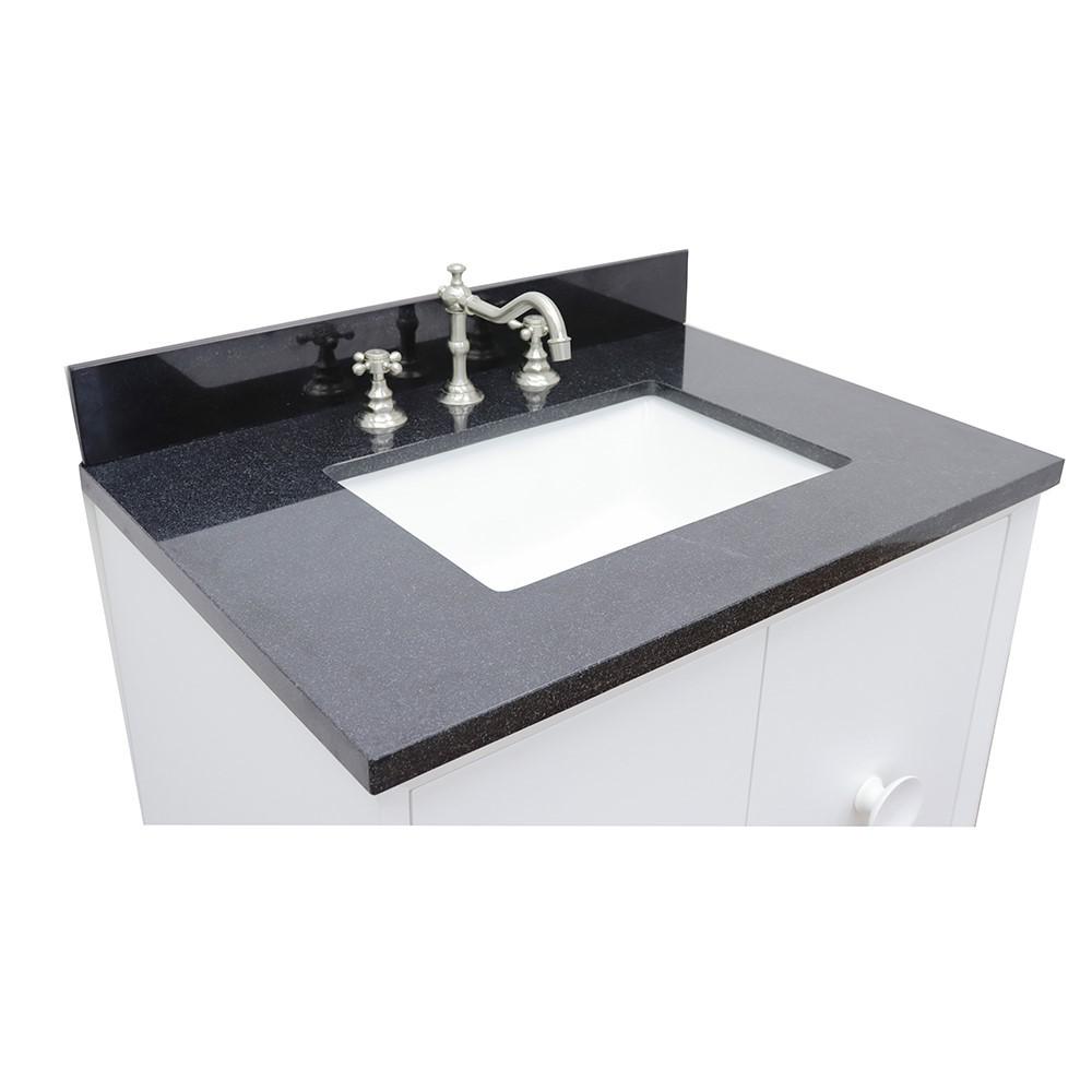 Single wall mount vanity in White with Black Galaxy top and rectangle sink. Picture 5