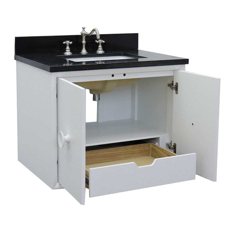 Single wall mount vanity in White with Black Galaxy top and rectangle sink. Picture 6