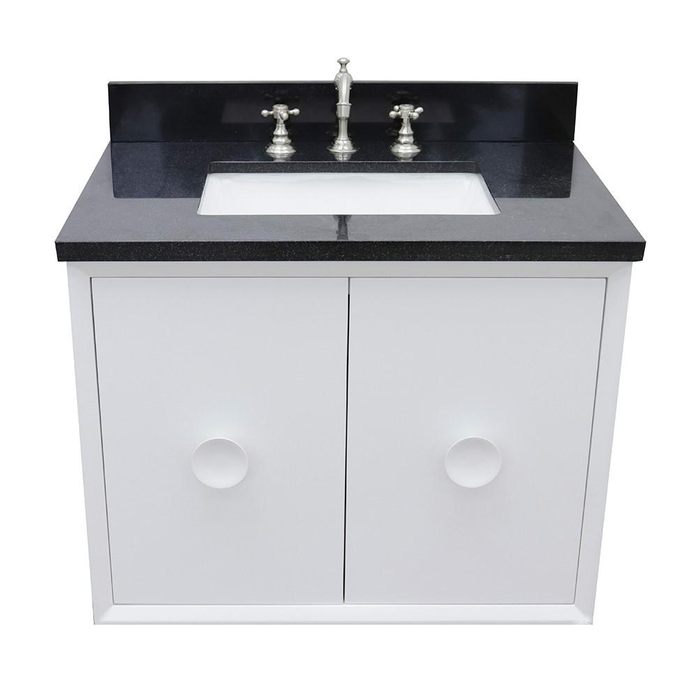 Single wall mount vanity in White with Black Galaxy top and rectangle sink. Picture 8