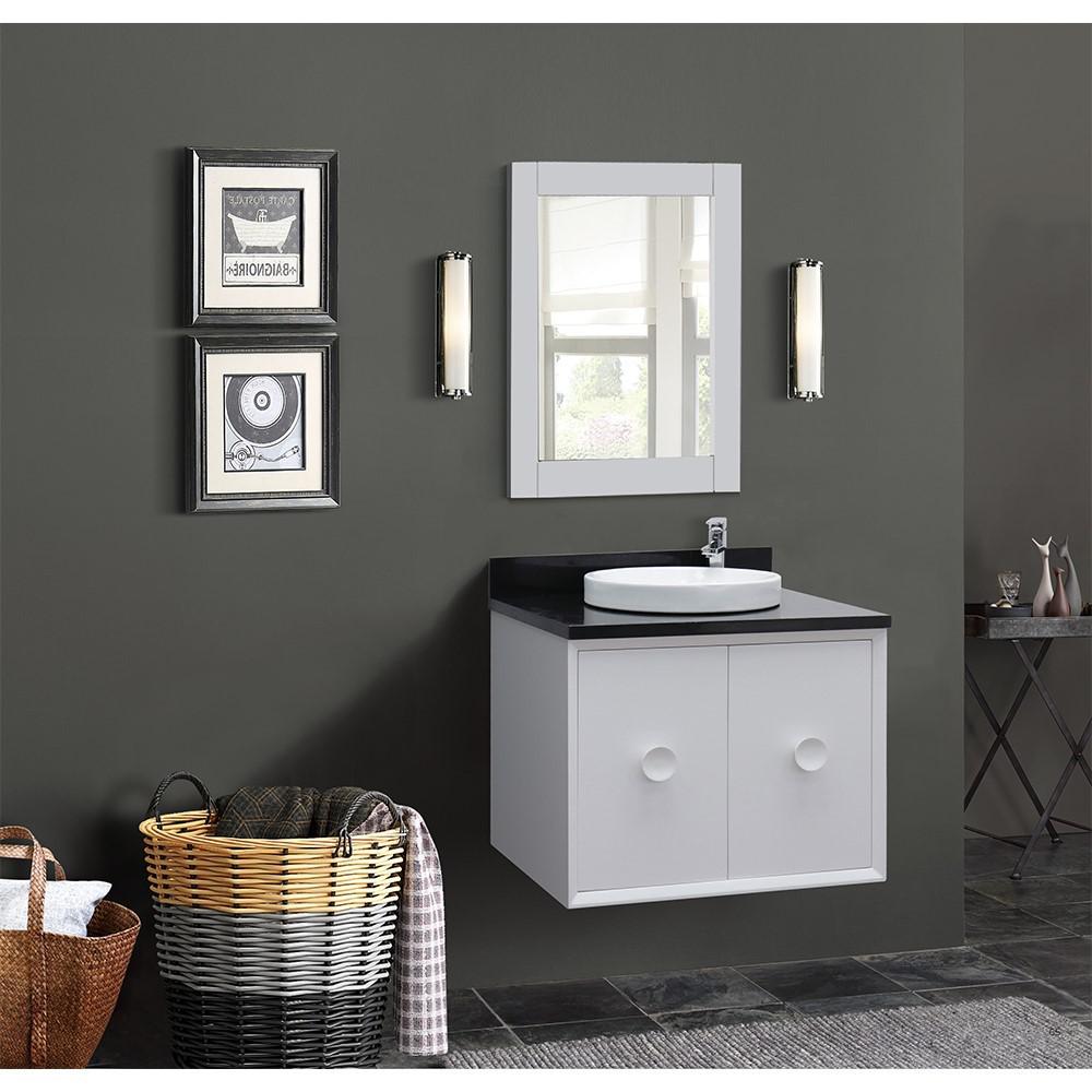 Single wall mount vanity in White with Black Galaxy top and rectangle sink. Picture 11