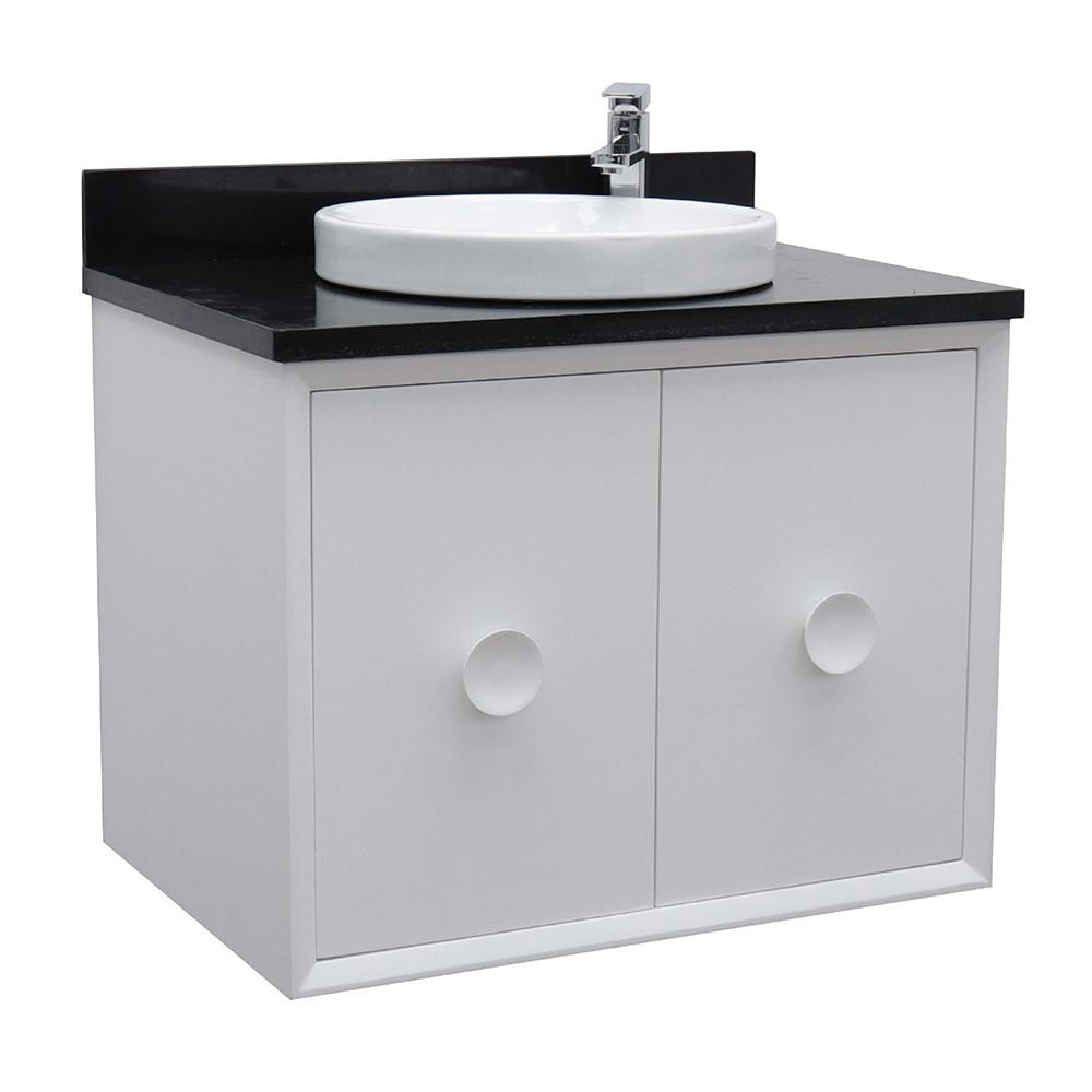 Single wall mount vanity in White with Black Galaxy top and rectangle sink. Picture 1