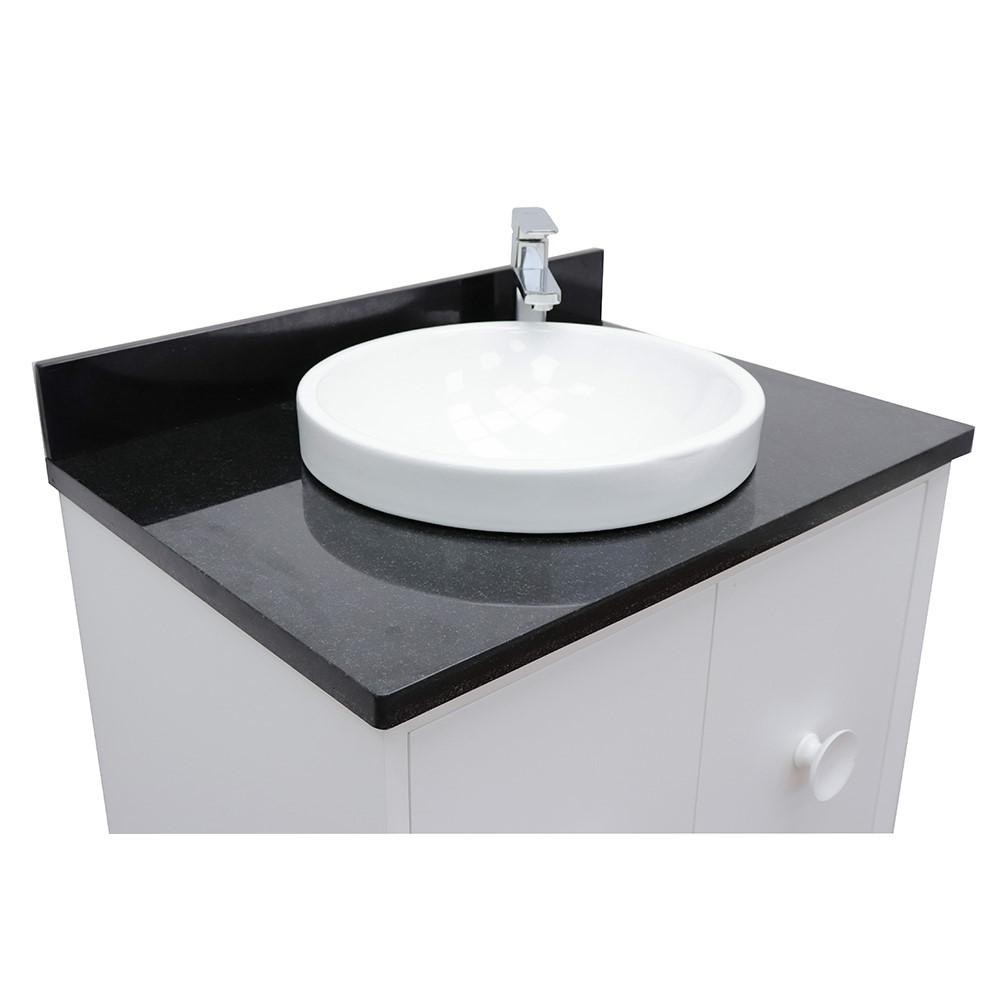 Single wall mount vanity in White with Black Galaxy top and rectangle sink. Picture 13