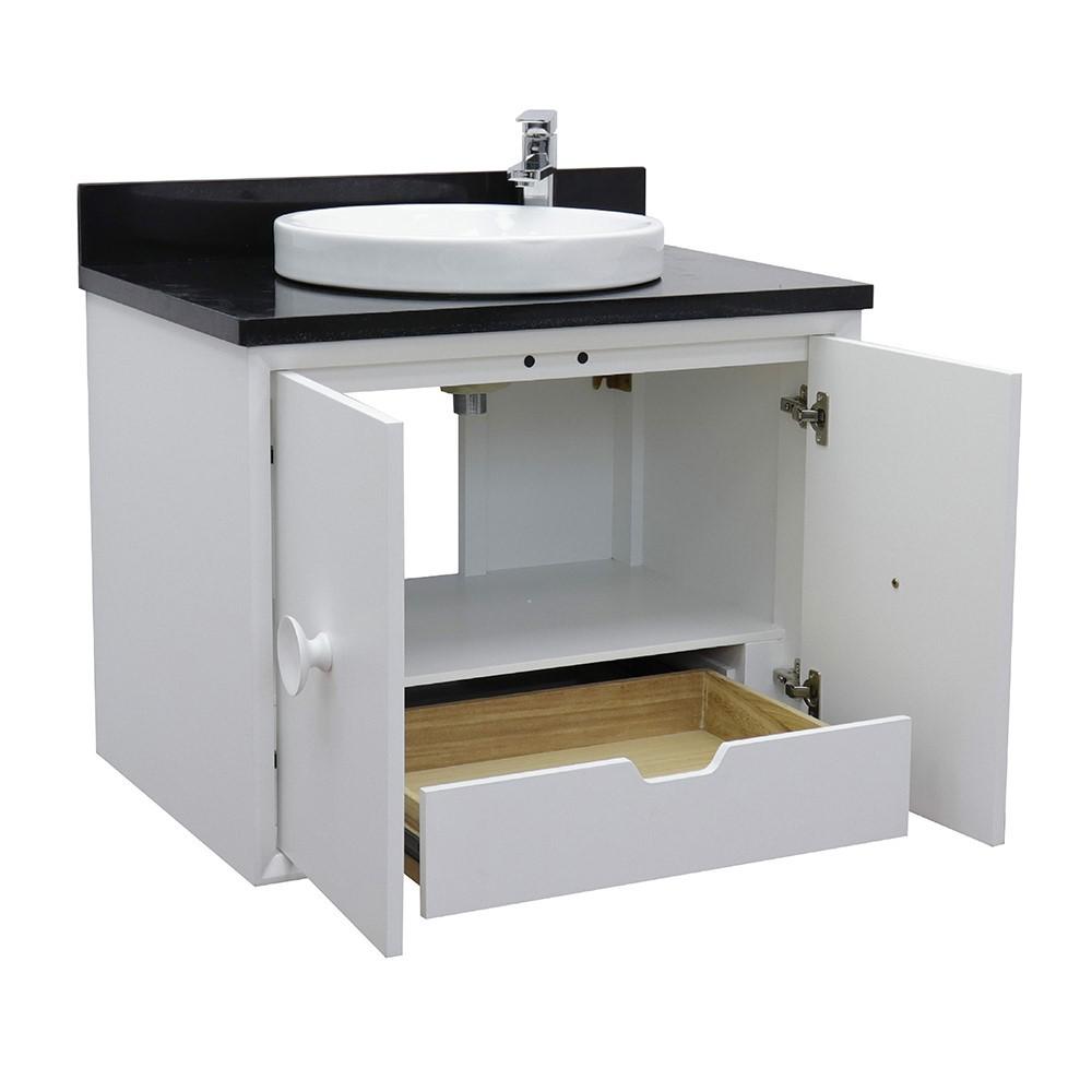 Single wall mount vanity in White with Black Galaxy top and rectangle sink. Picture 14