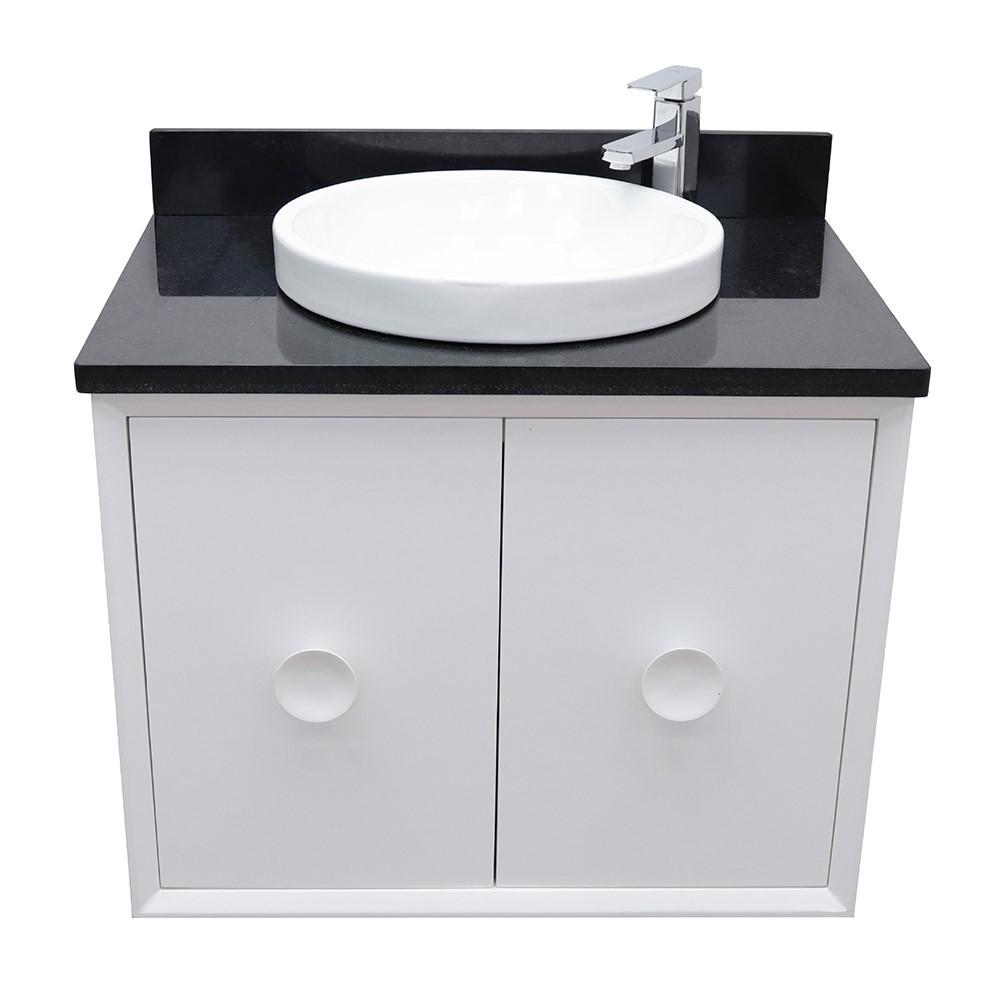 Single wall mount vanity in White with Black Galaxy top and rectangle sink. Picture 16