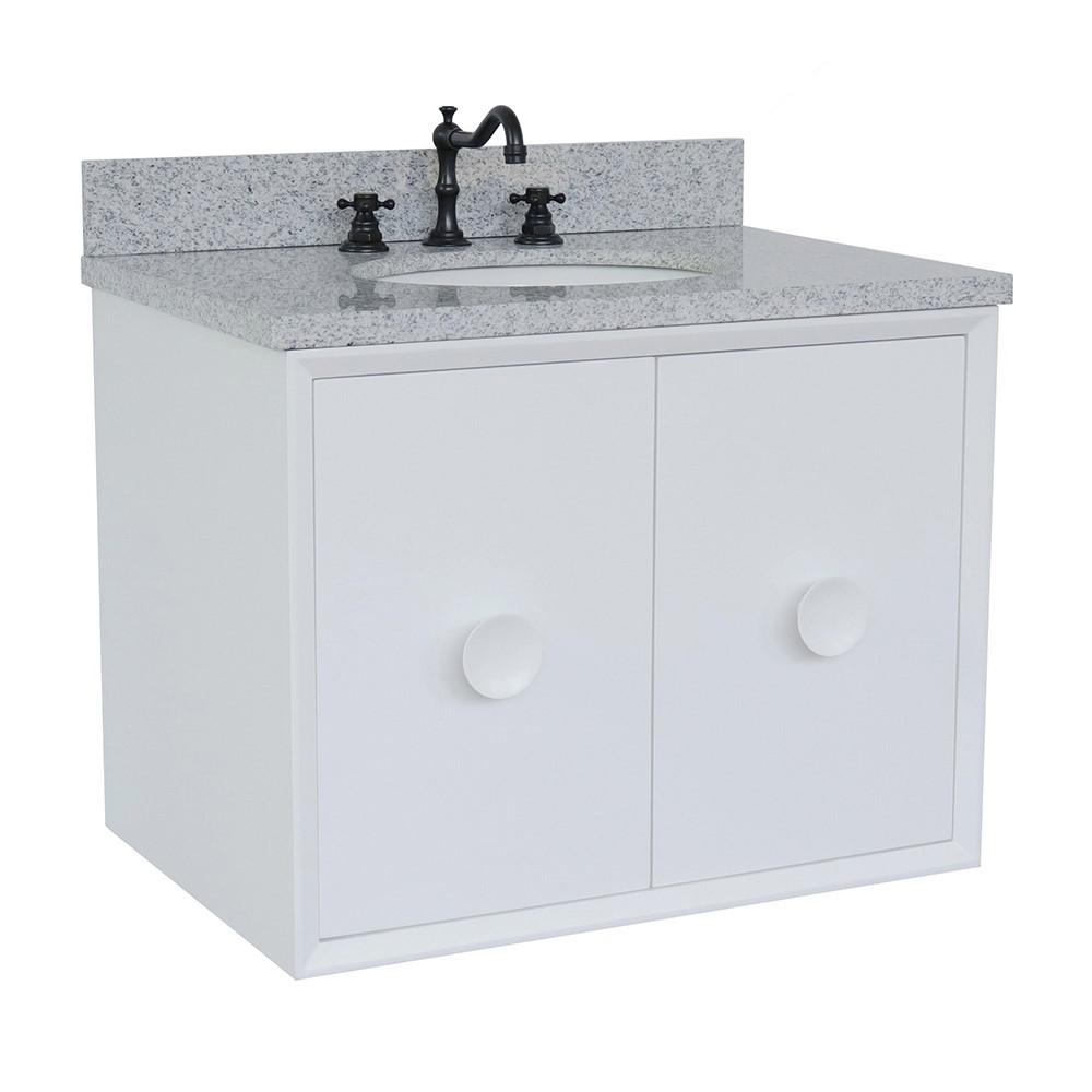 31 Single wall mount vanity in White finish with Gray granite top and oval sink. Picture 1