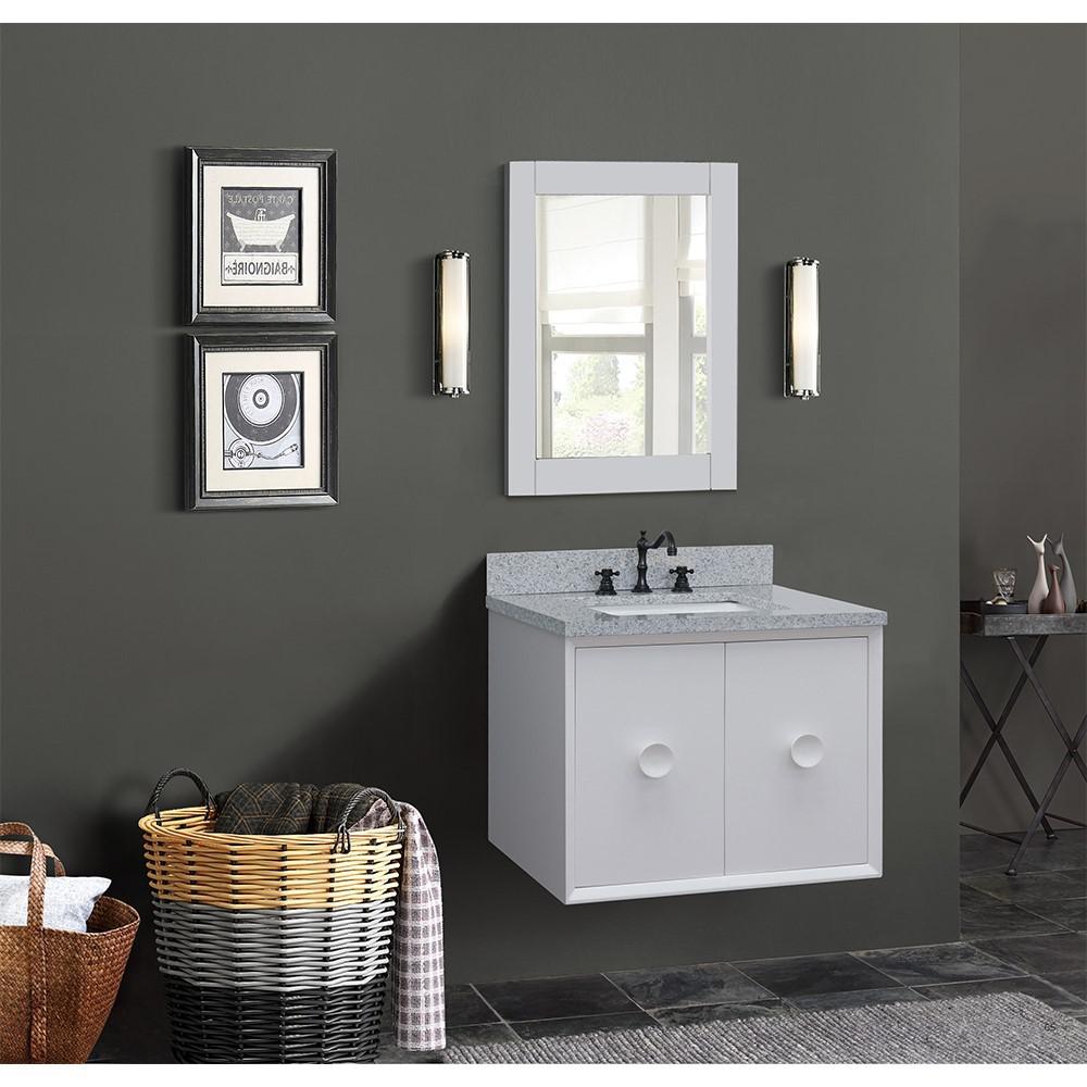 Single wall mount vanity in White with Gray granite top and rectangle sink. Picture 2