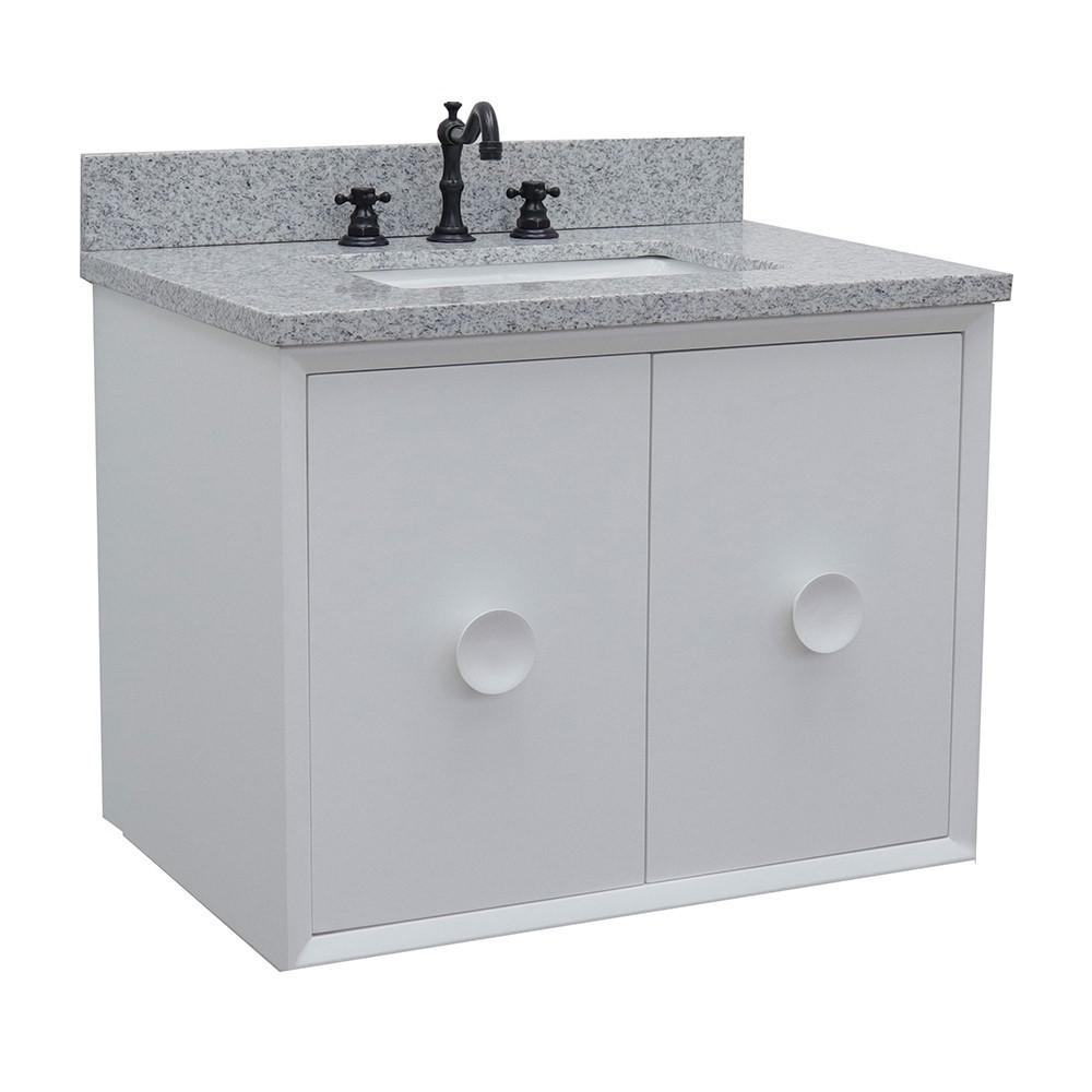 Single wall mount vanity in White with Gray granite top and rectangle sink. Picture 3