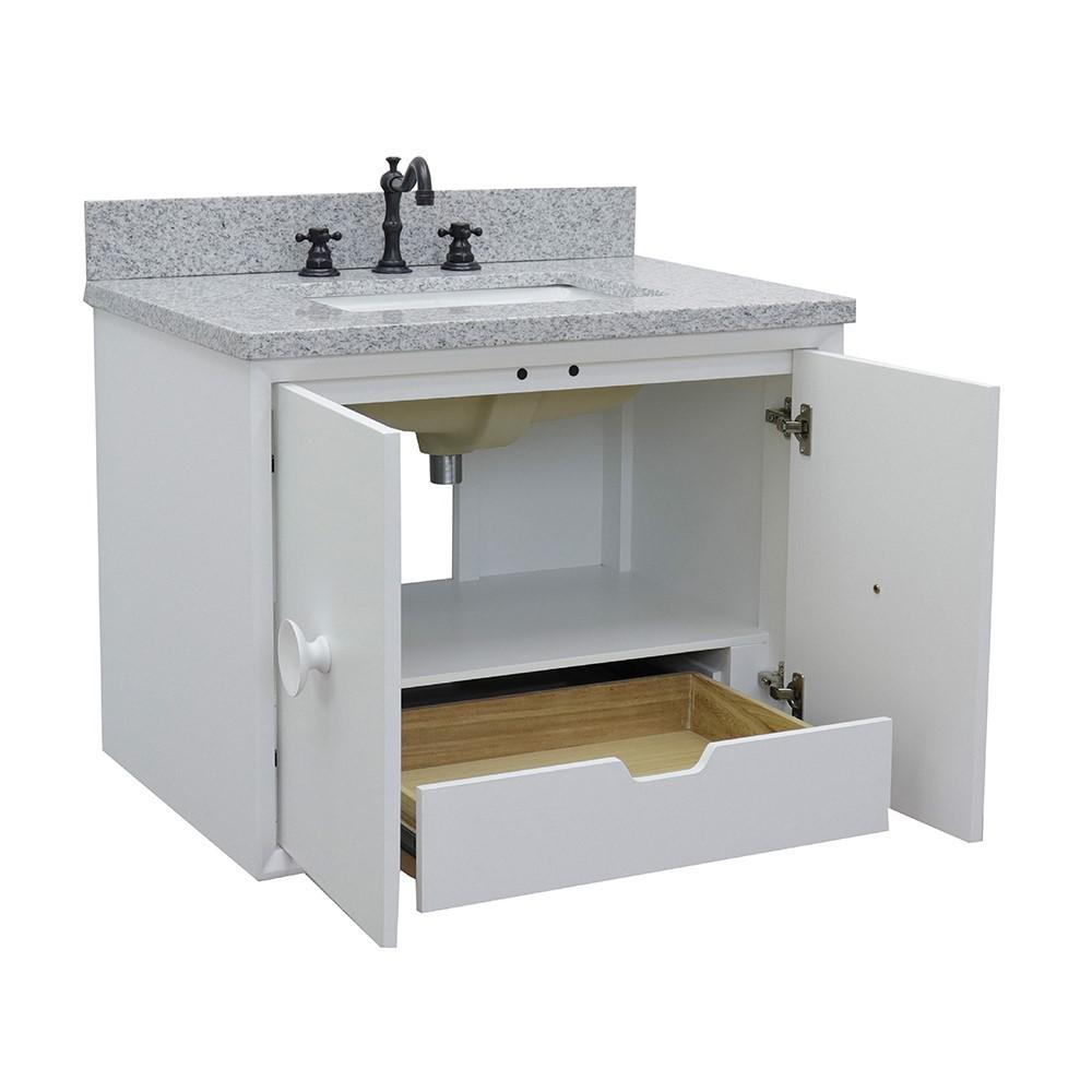 Single wall mount vanity in White with Gray granite top and rectangle sink. Picture 6