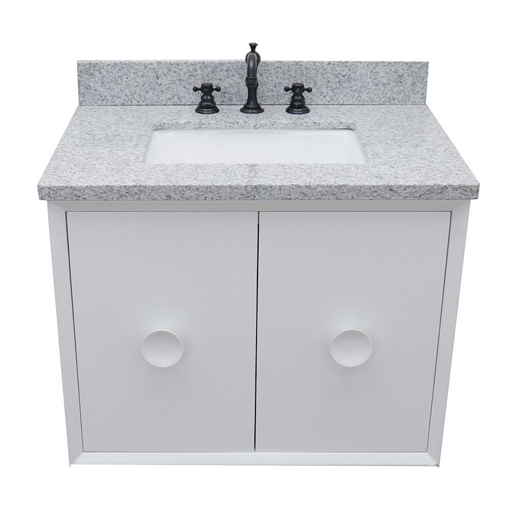 Single wall mount vanity in White with Gray granite top and rectangle sink. Picture 8