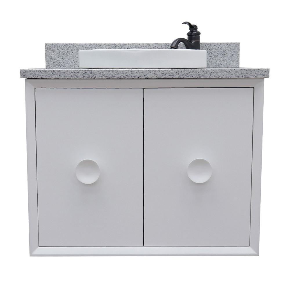 Single wall mount vanity in White with Gray granite top and rectangle sink. Picture 12