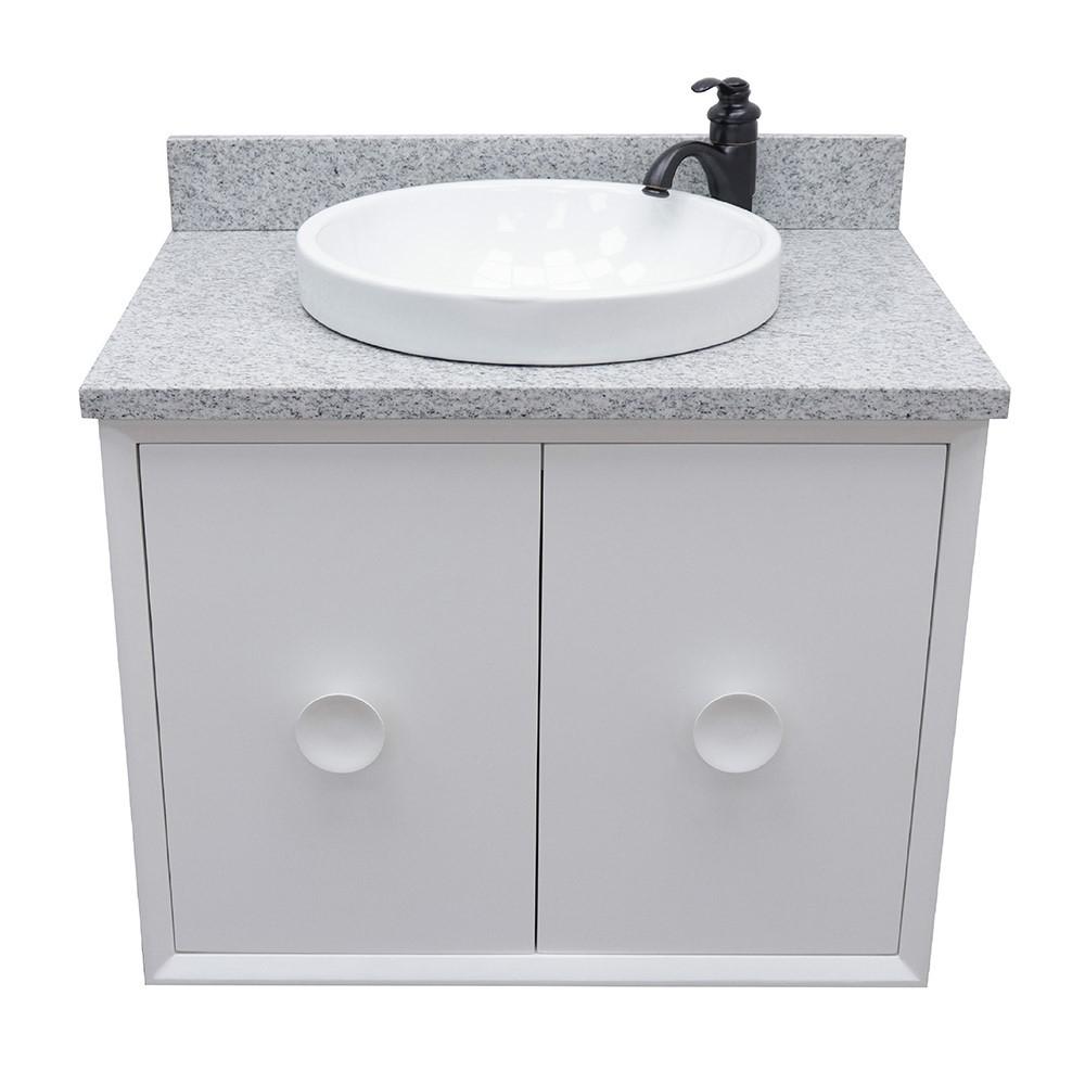 Single wall mount vanity in White with Gray granite top and rectangle sink. Picture 16