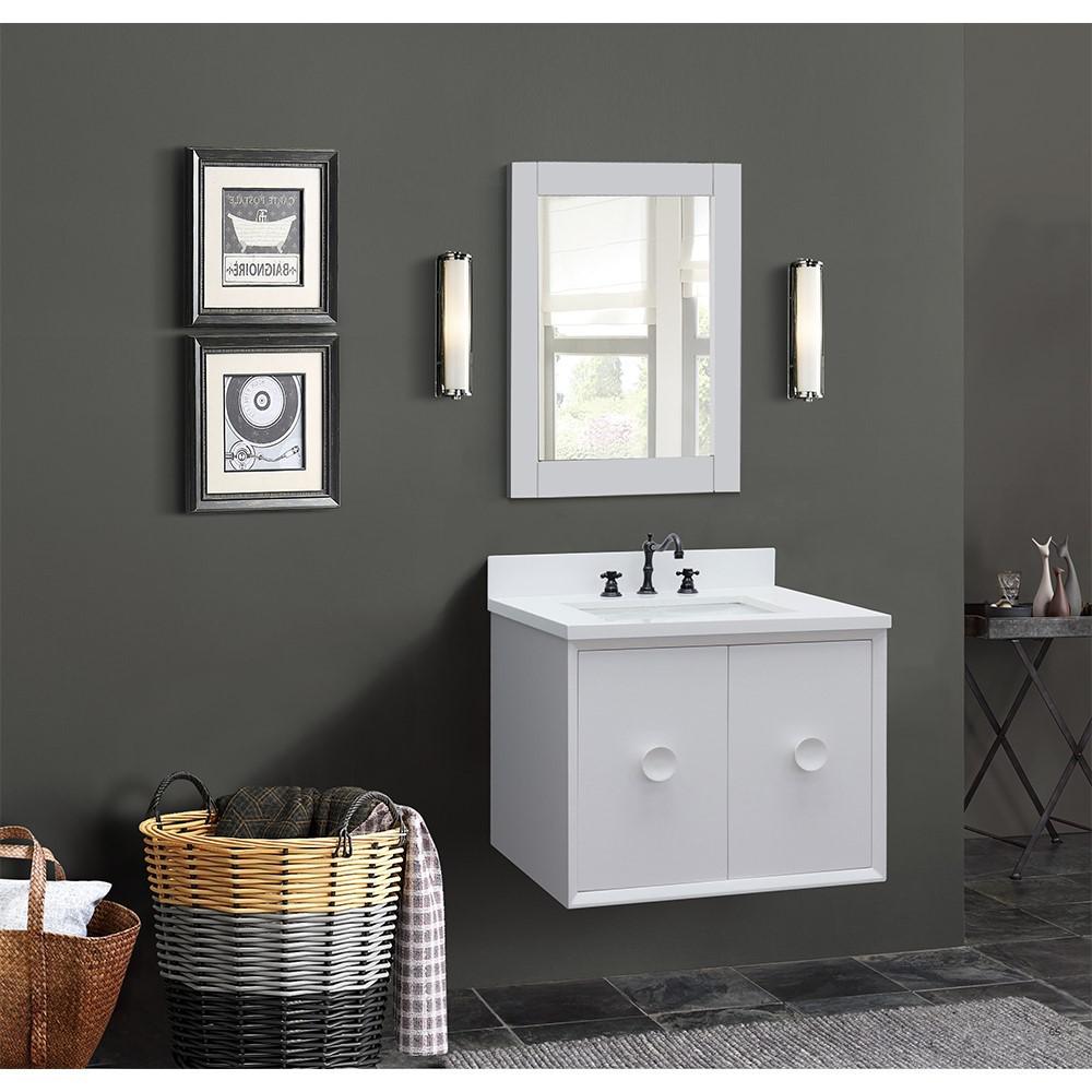 Single wall mount vanity in White with White Quartz top and rectangle sink. Picture 2