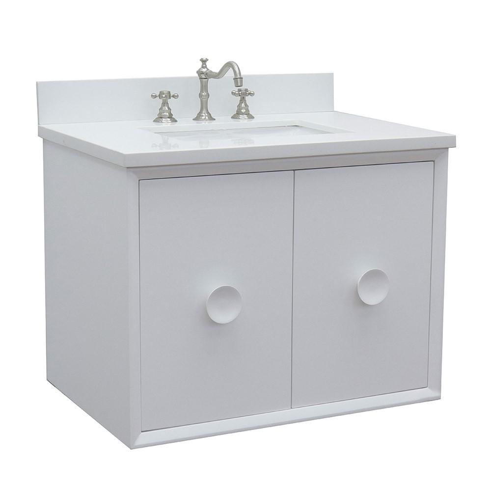 Single wall mount vanity in White with White Quartz top and rectangle sink. Picture 3