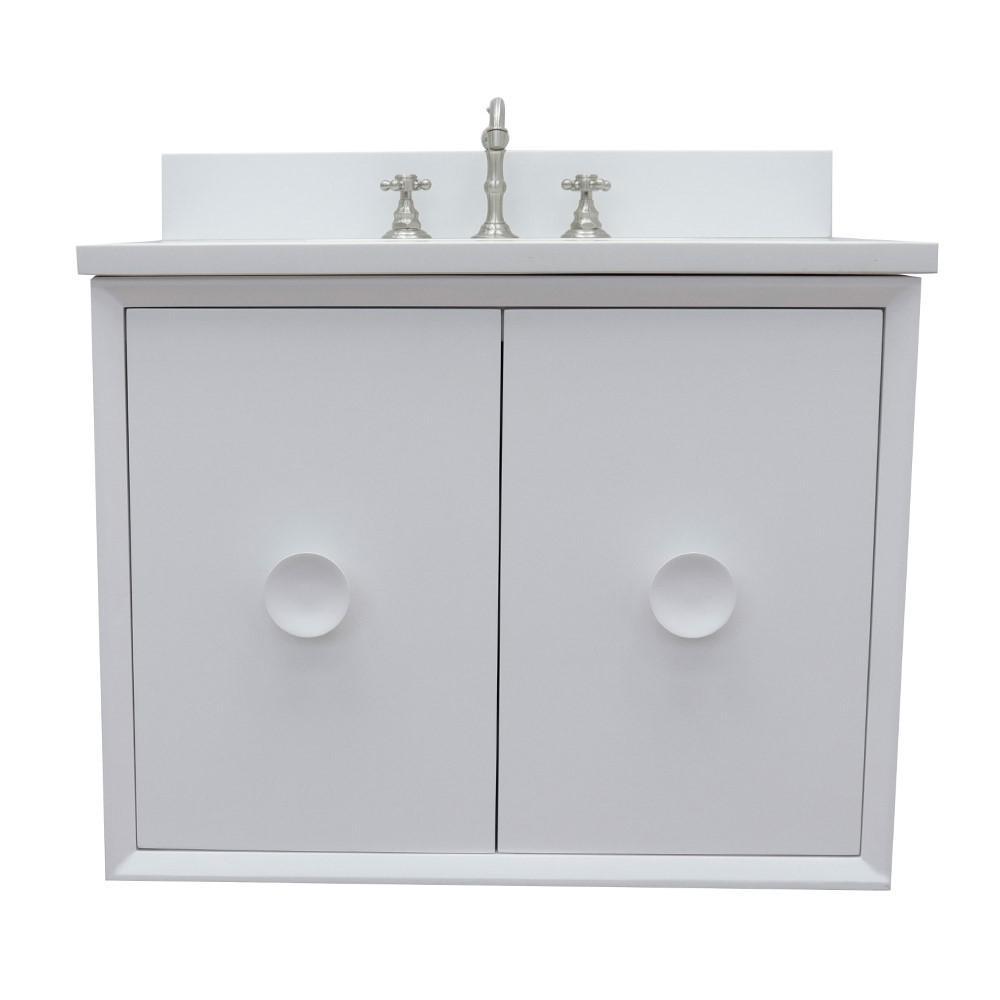 Single wall mount vanity in White with White Quartz top and rectangle sink. Picture 4