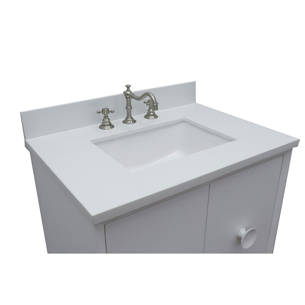 Single wall mount vanity in White with White Quartz top and rectangle sink. Picture 5