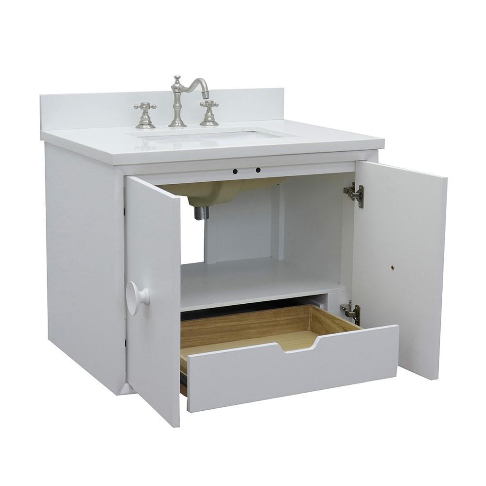 Single wall mount vanity in White with White Quartz top and rectangle sink. Picture 6