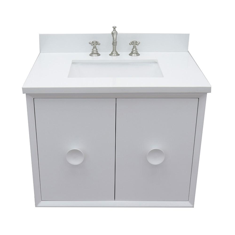 Single wall mount vanity in White with White Quartz top and rectangle sink. Picture 8