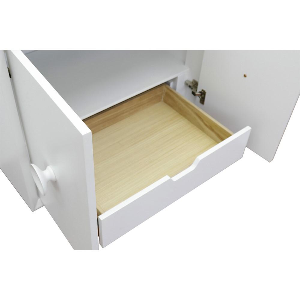 Single wall mount vanity in White with White Quartz top and rectangle sink. Picture 10