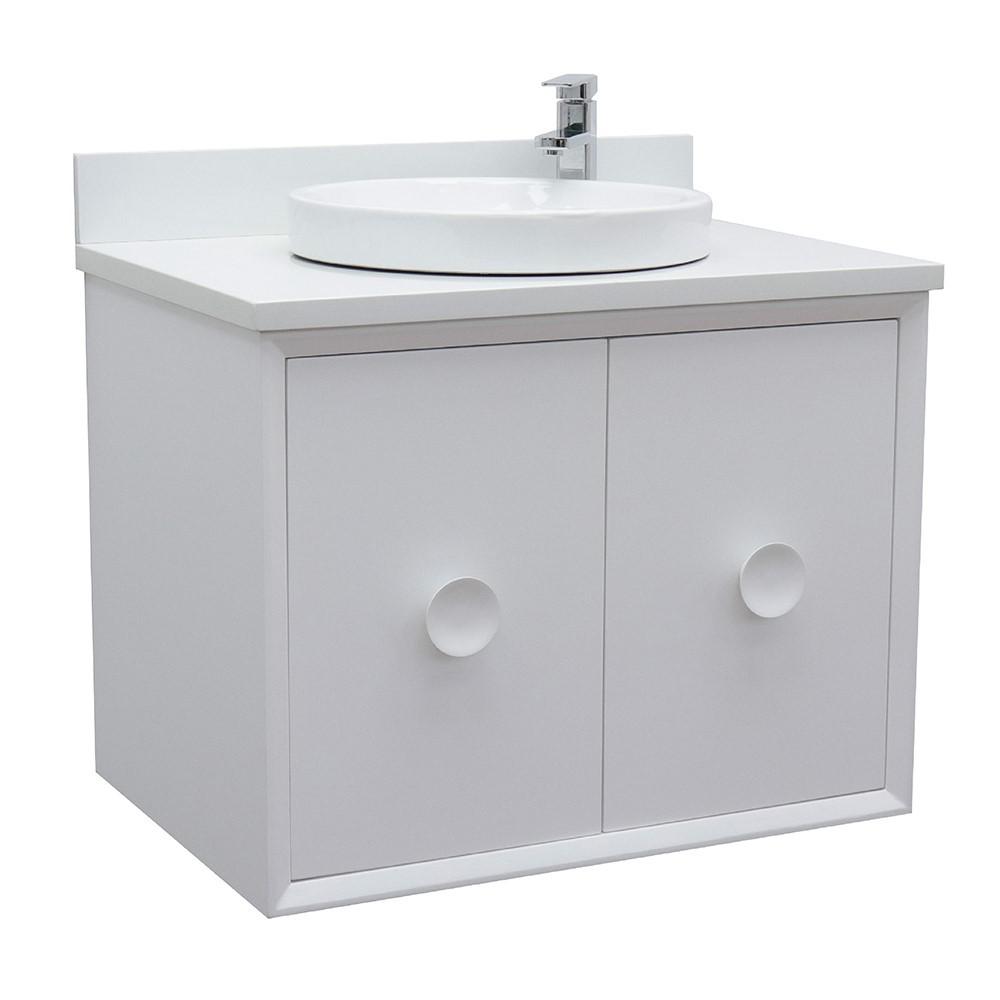 Single wall mount vanity in White with White Quartz top and rectangle sink. Picture 1