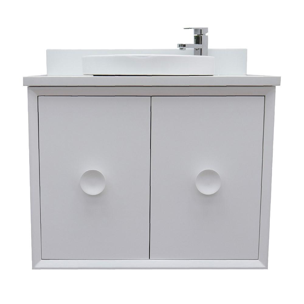Single wall mount vanity in White with White Quartz top and rectangle sink. Picture 12