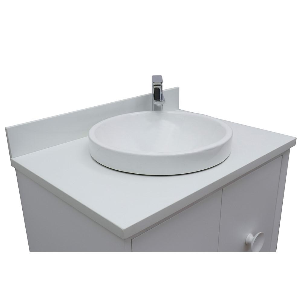 Single wall mount vanity in White with White Quartz top and rectangle sink. Picture 13