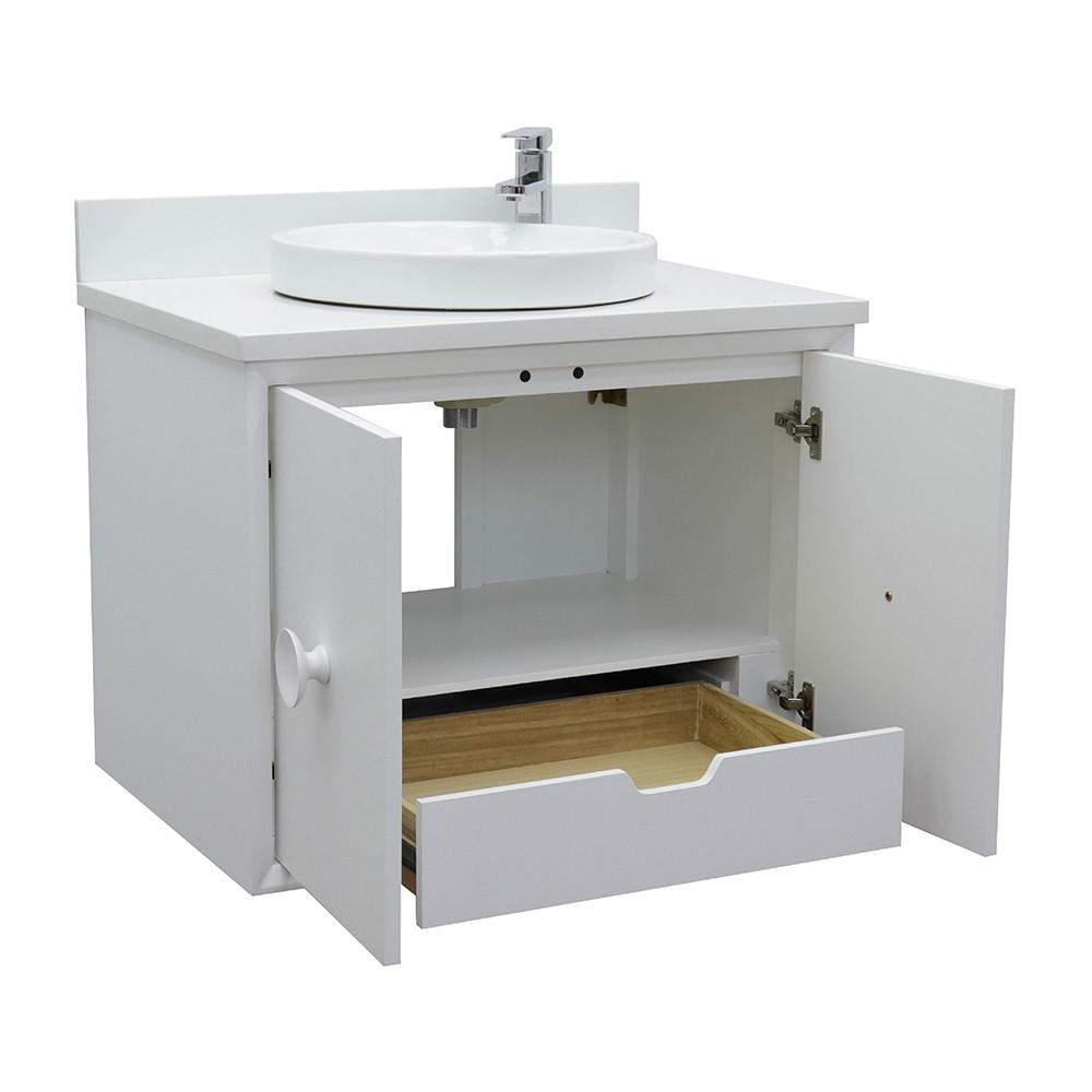 Single wall mount vanity in White with White Quartz top and rectangle sink. Picture 14