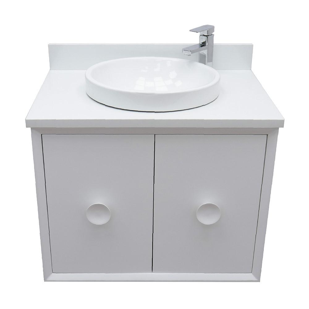 Single wall mount vanity in White with White Quartz top and rectangle sink. Picture 16