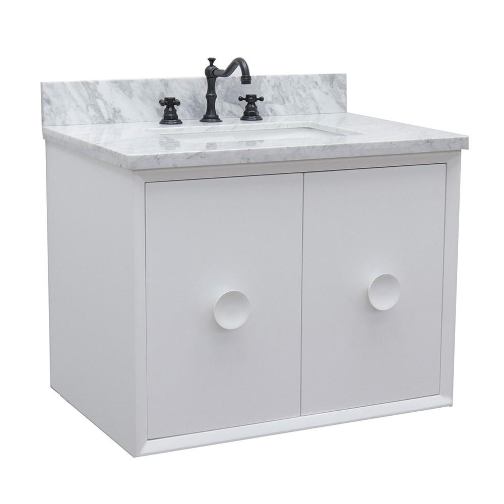 Single wall mount vanity in White with White Carrara top and rectangle sink. Picture 3