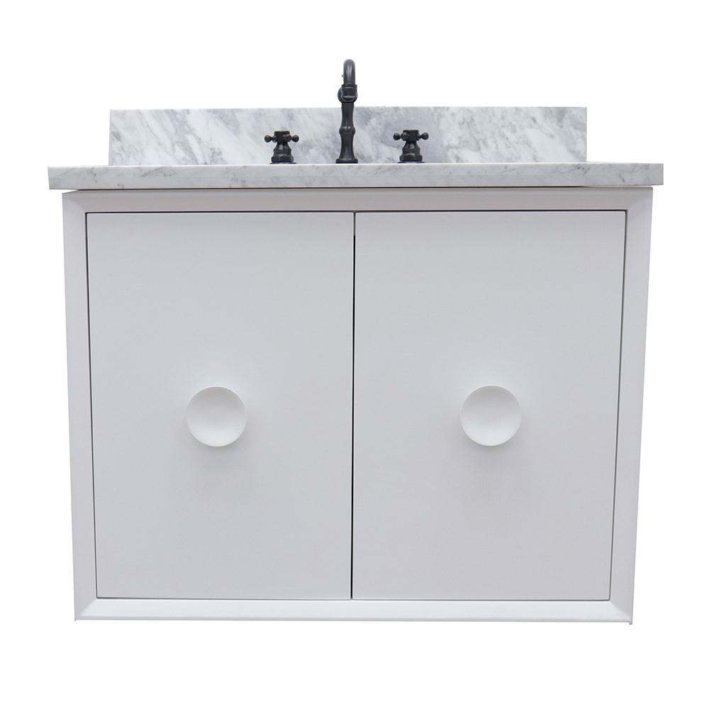 Single wall mount vanity in White with White Carrara top and rectangle sink. Picture 4
