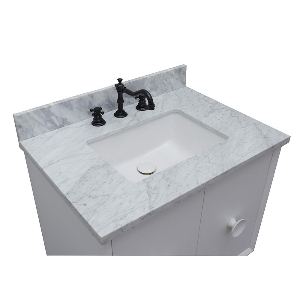 Single wall mount vanity in White with White Carrara top and rectangle sink. Picture 5