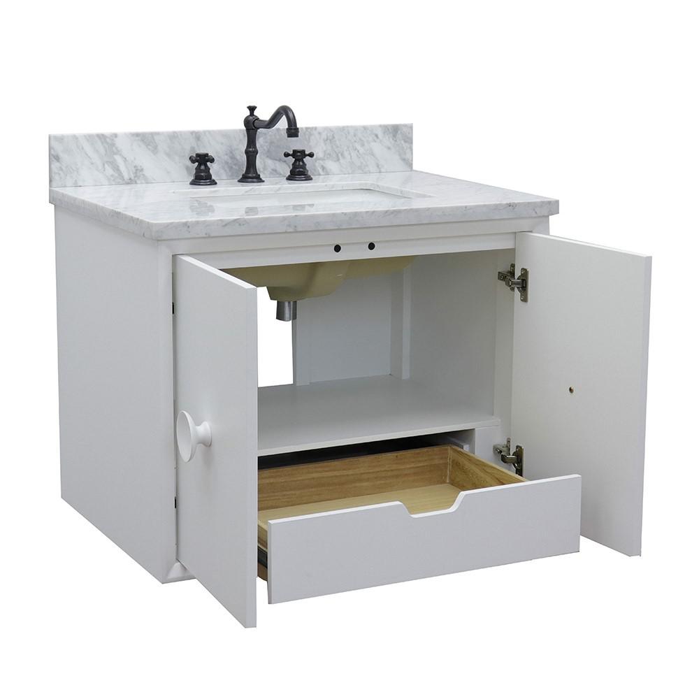 Single wall mount vanity in White with White Carrara top and rectangle sink. Picture 6