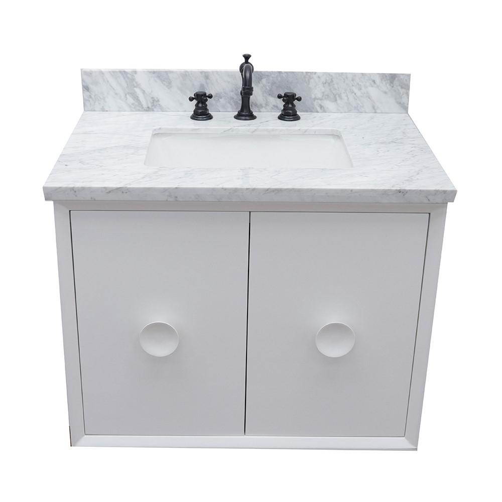 Single wall mount vanity in White with White Carrara top and rectangle sink. Picture 8