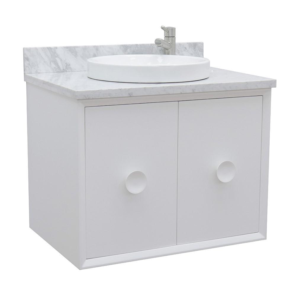 Single wall mount vanity in White with White Carrara top and rectangle sink. Picture 1