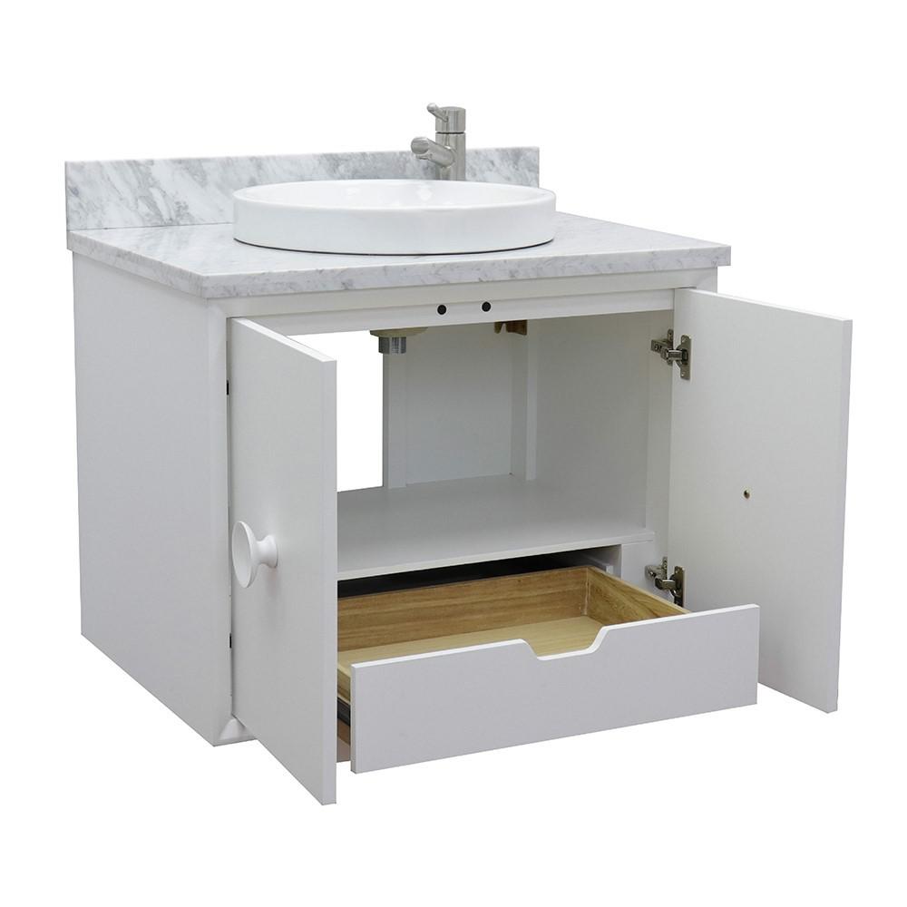 Single wall mount vanity in White with White Carrara top and rectangle sink. Picture 14