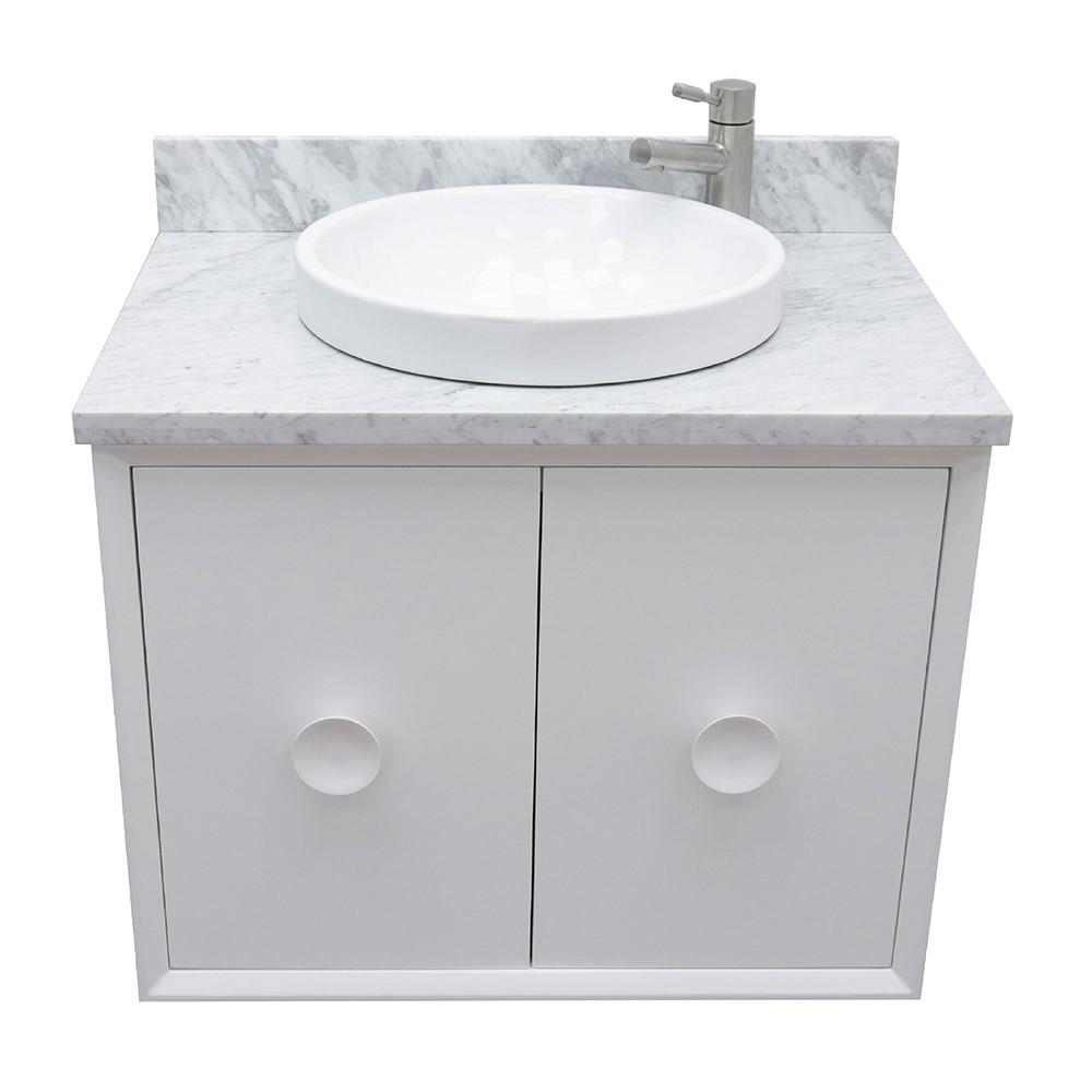 Single wall mount vanity in White with White Carrara top and rectangle sink. Picture 16