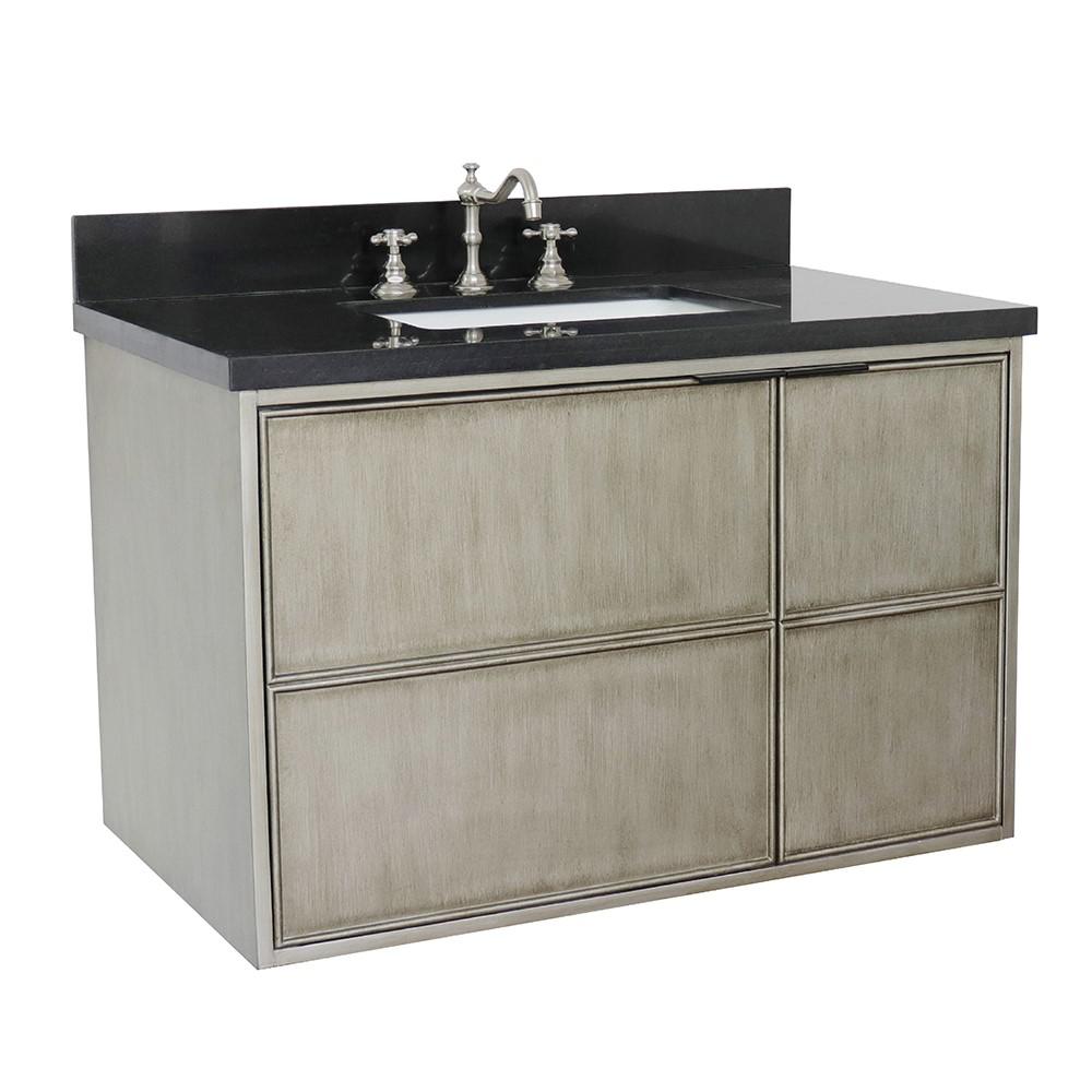 Single wall mount vanity in Linen Brown with Black Galaxy top and rectangle sink. Picture 3