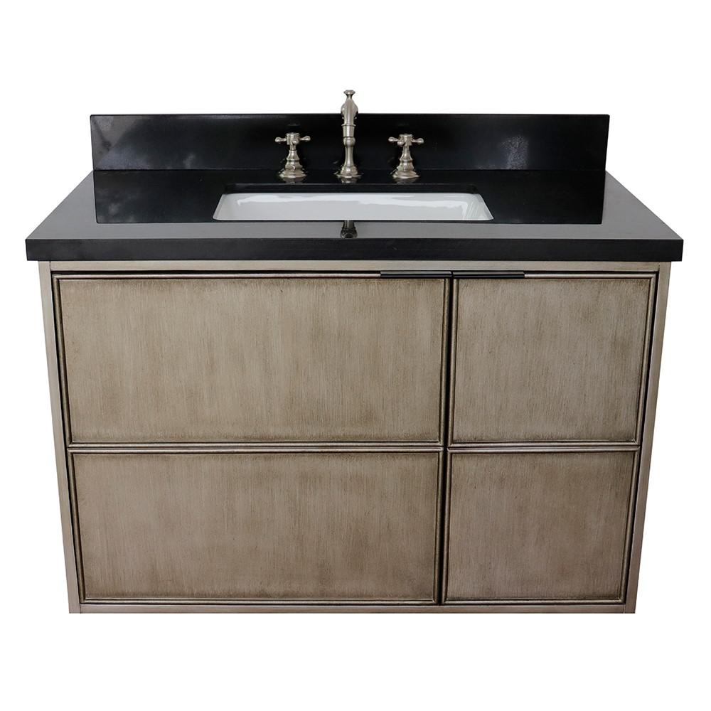 Single wall mount vanity in Linen Brown with Black Galaxy top and rectangle sink. Picture 7