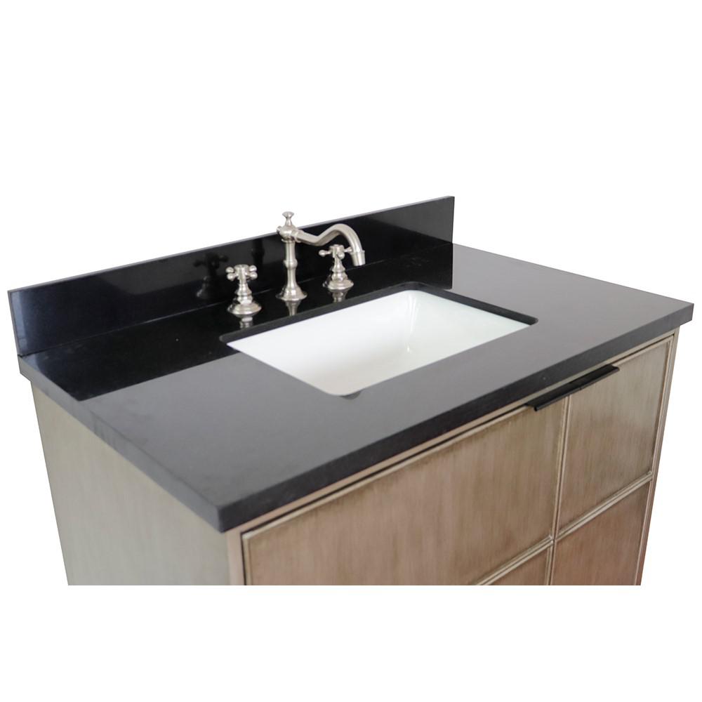 Single wall mount vanity in Linen Brown with Black Galaxy top and rectangle sink. Picture 8