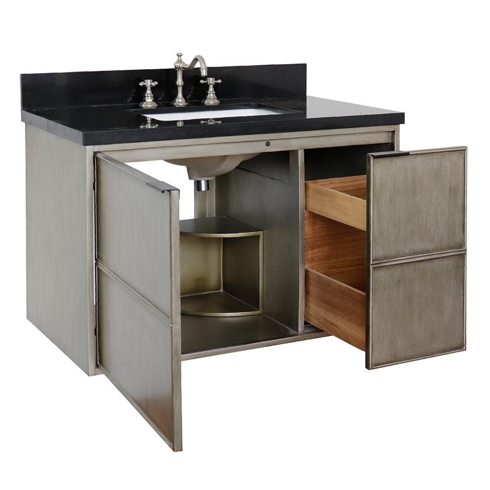 Single wall mount vanity in Linen Brown with Black Galaxy top and rectangle sink. Picture 9