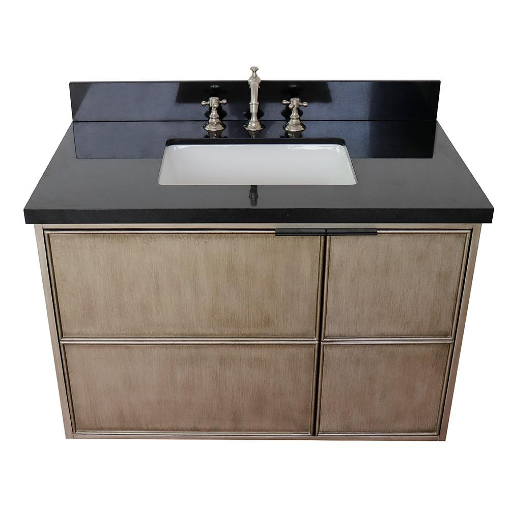 Single wall mount vanity in Linen Brown with Black Galaxy top and rectangle sink. Picture 11
