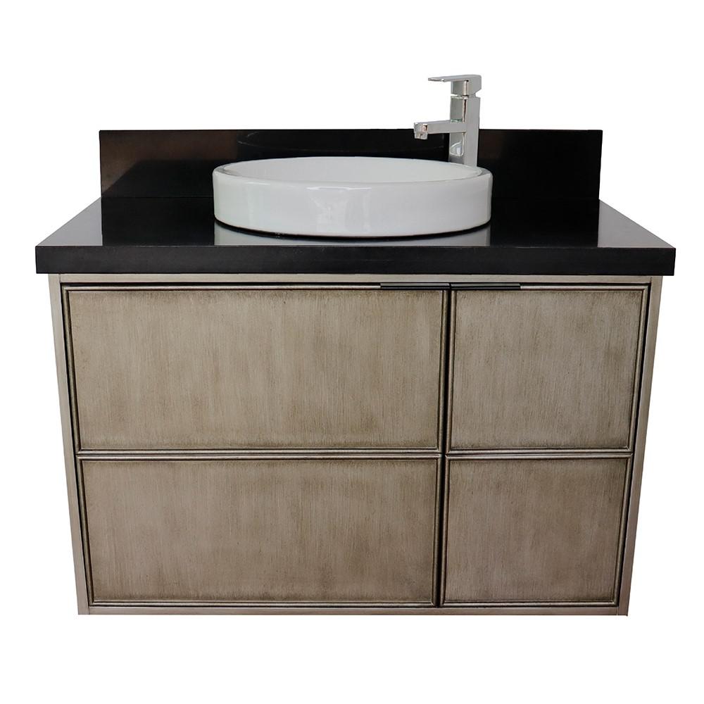 Single wall mount vanity in Linen Brown with Black Galaxy top and rectangle sink. Picture 19