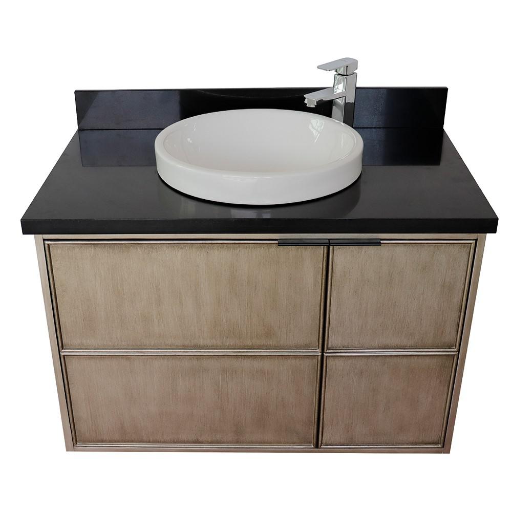 Single wall mount vanity in Linen Brown with Black Galaxy top and rectangle sink. Picture 23
