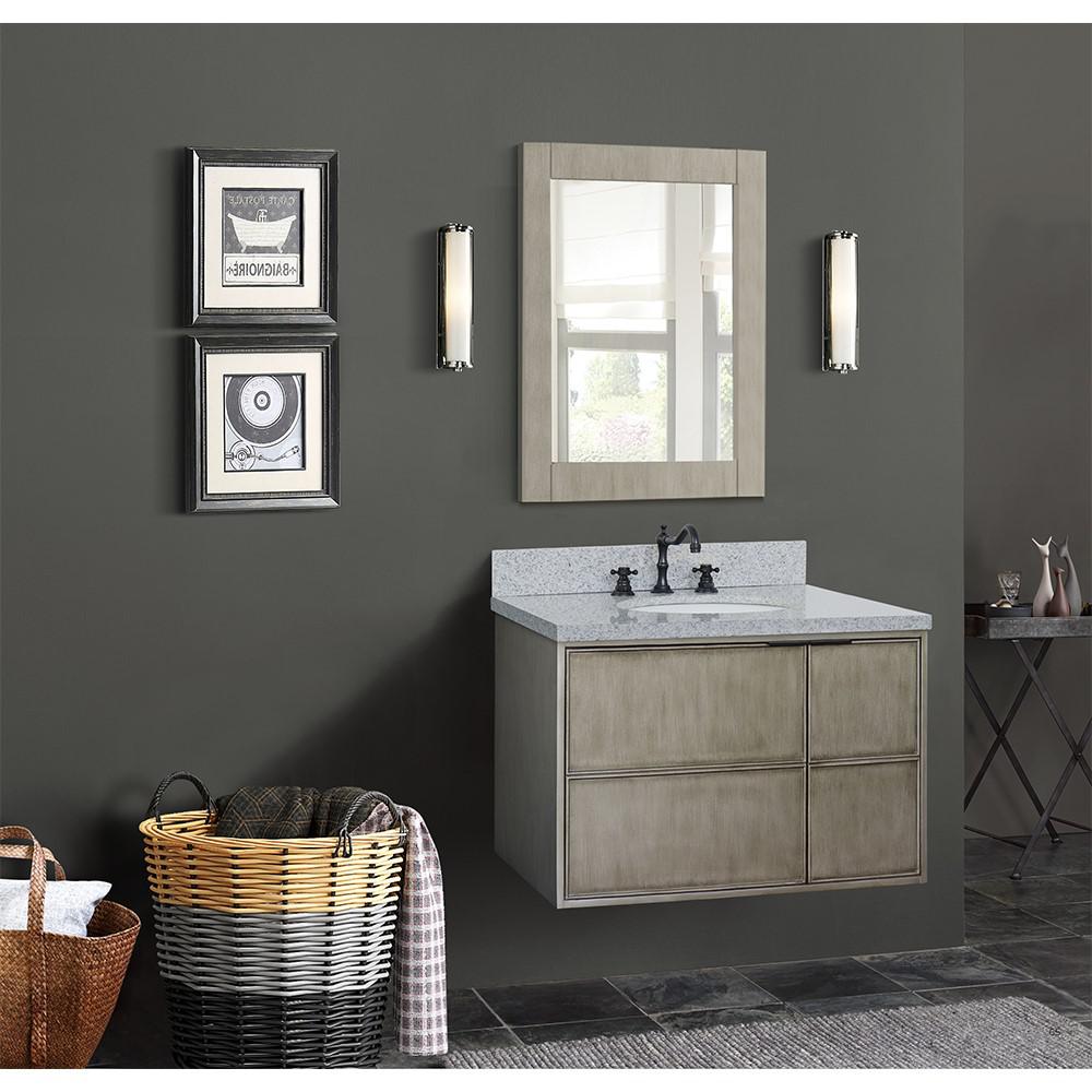 Single wall mount vanity in Linen Brown with Gray granite top and oval sink. Picture 2