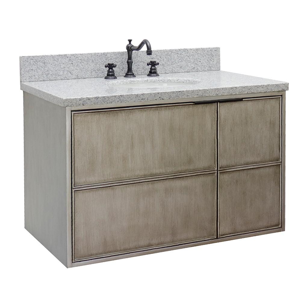 Single wall mount vanity in Linen Brown with Gray granite top and oval sink. Picture 3