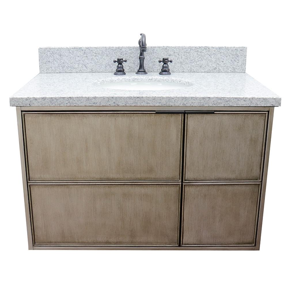 Single wall mount vanity in Linen Brown with Gray granite top and oval sink. Picture 6