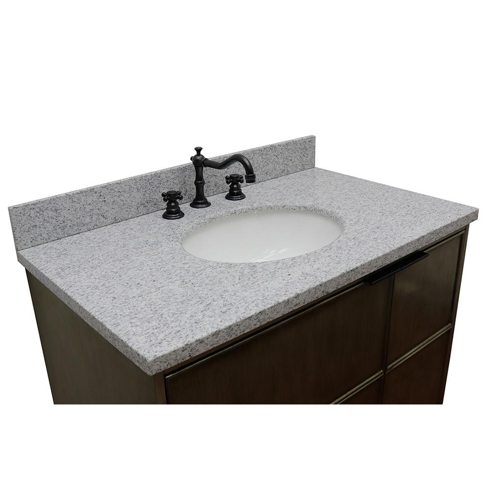 Single wall mount vanity in Linen Brown with Gray granite top and oval sink. Picture 7