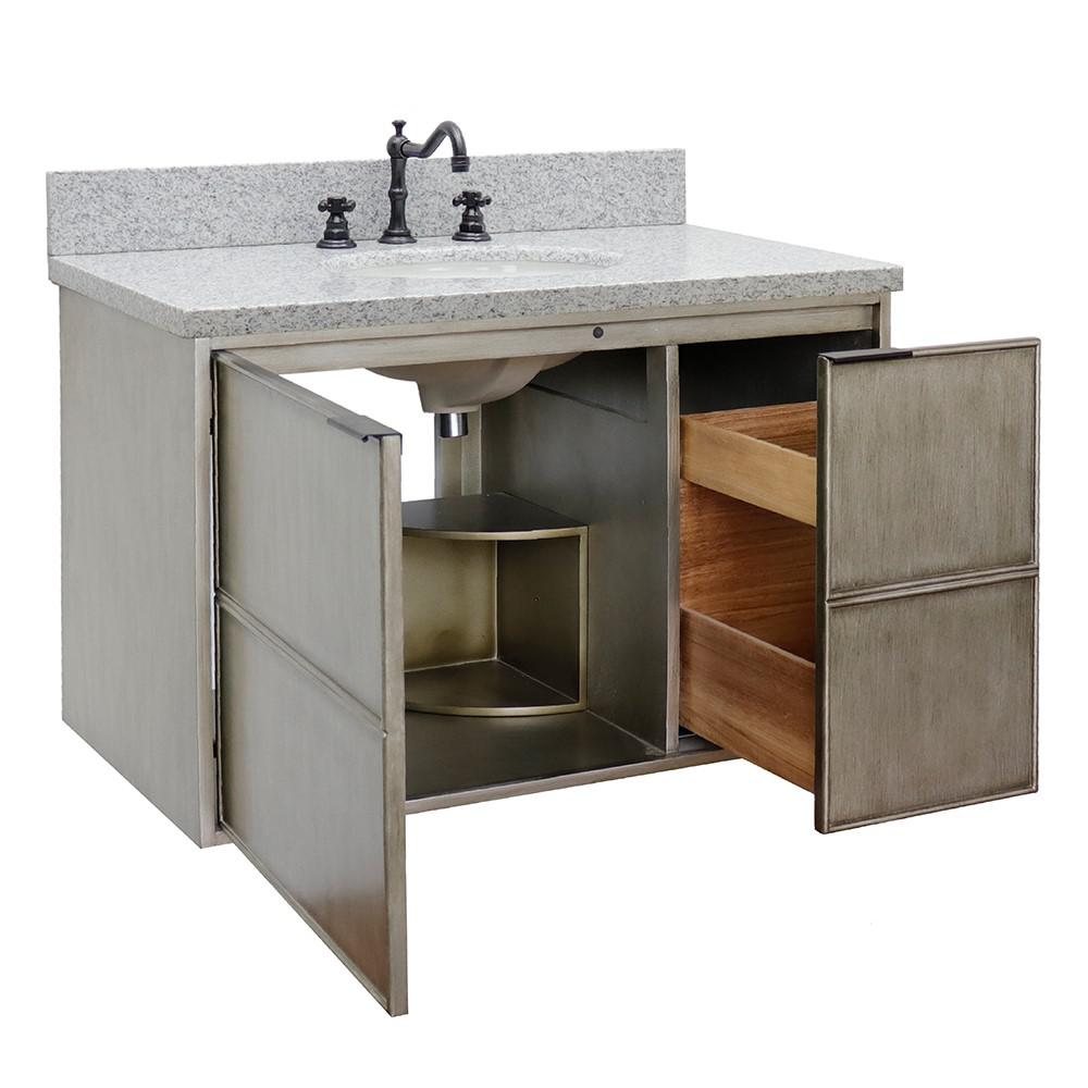 Single wall mount vanity in Linen Brown with Gray granite top and oval sink. Picture 8