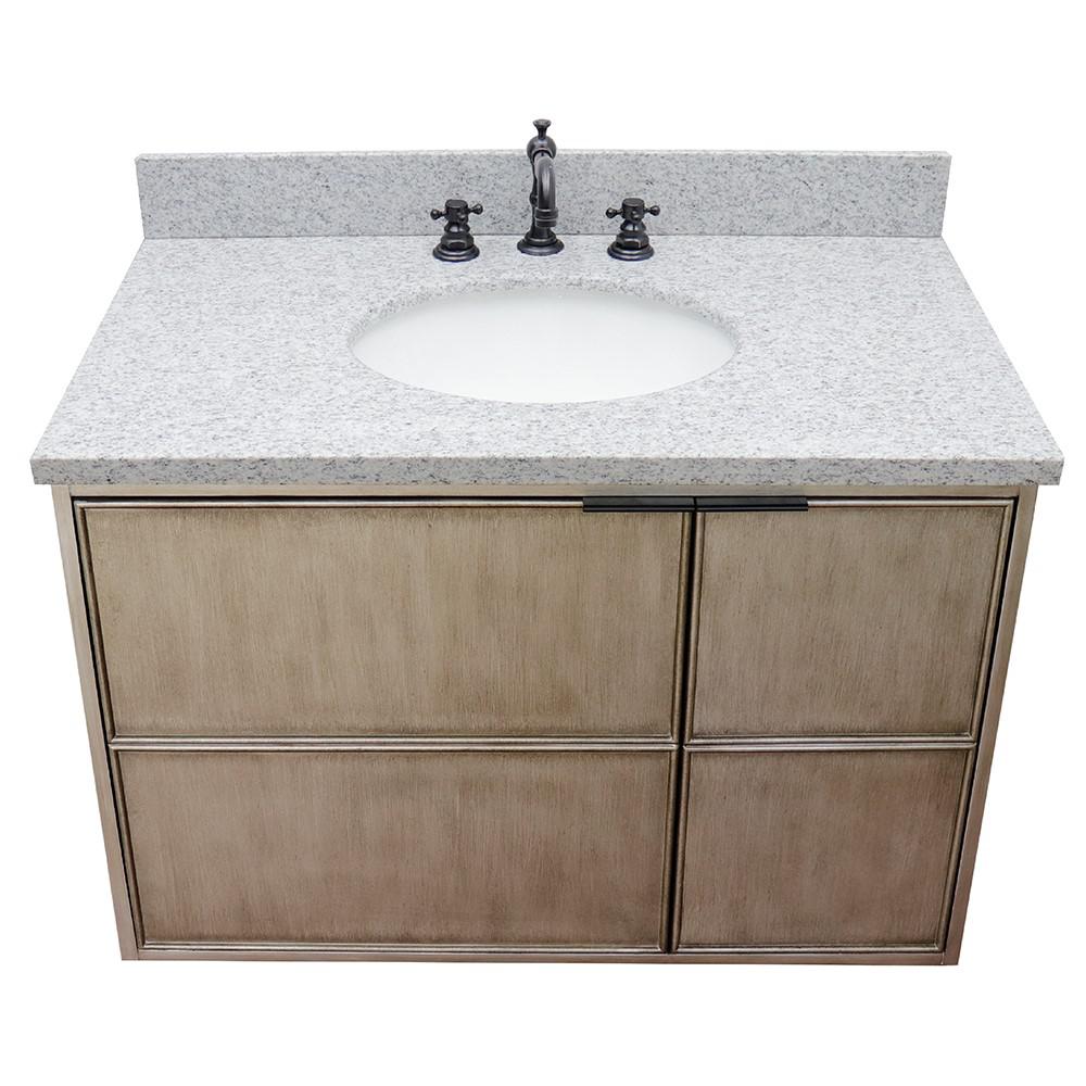 Single wall mount vanity in Linen Brown with Gray granite top and oval sink. Picture 10