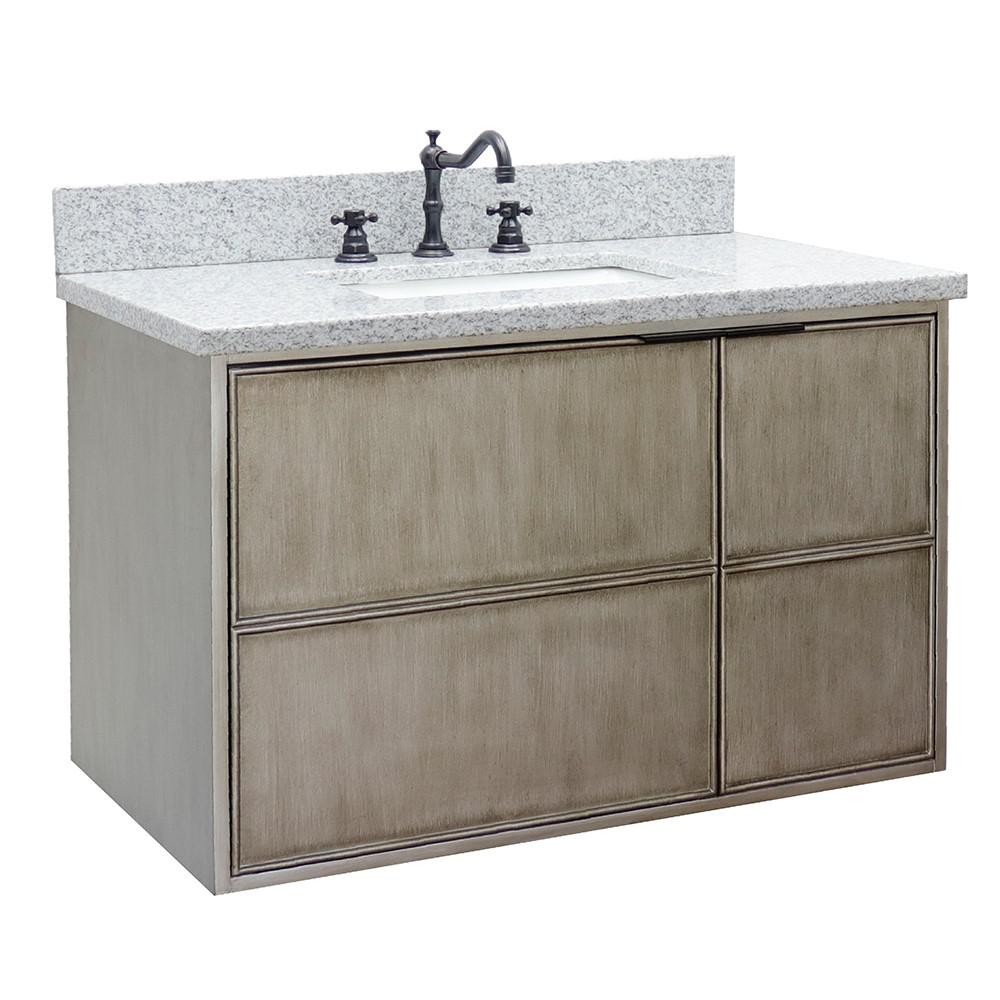 Single wall mount vanity in Linen Brown with Gray granite top and rectangle sink. Picture 3